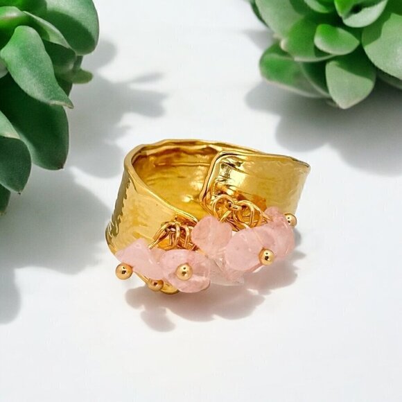NWT Wide Band Ring 18K Gold Plated Rose Quartz Beads Open Adjustable Size - Picture 2 of 8